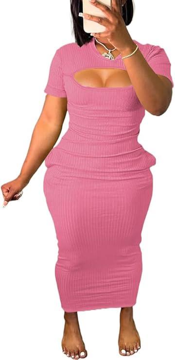 Women's Casual Short Sleeve Dress T Shirt Bodycon Dresses Ribbed V Neck Maxi Sundress Basic Party Club Dress with Pocket, L, Pink