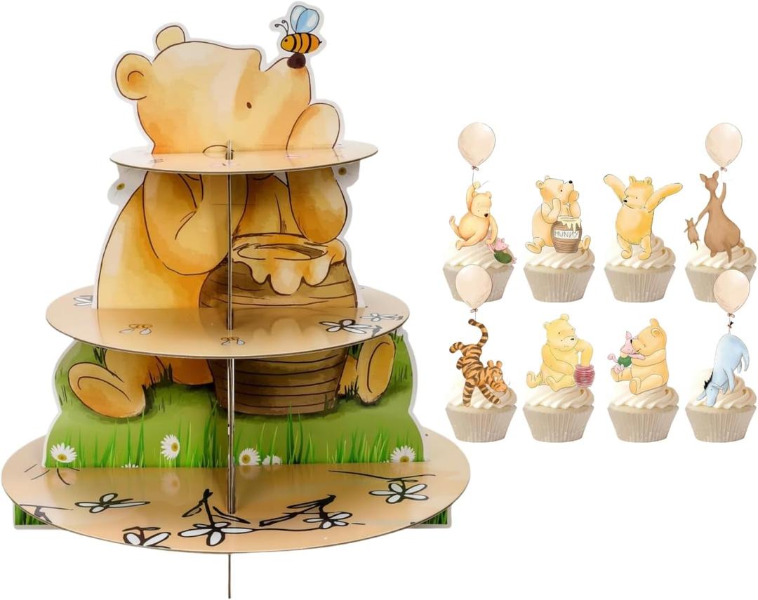 Winnie Cupcake Holder and Cupcake Toppers Set 3 Tier Pooh Baby Shower Cupcake Stand Cardboard Dessert Holder for Birthday Party Supplies Decorations