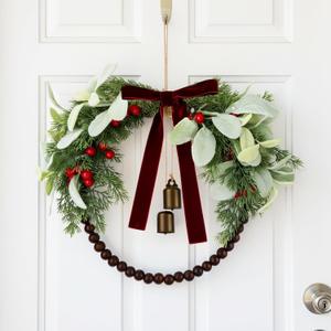 12 Inch Olive Norfolk Pine Christmas Wreath with Wooden Bead Bell Christmas Kitchen Cabinet Wreath for Front Door Farmhouse Rustic Xmas Artificial Door(Red,Rustic)