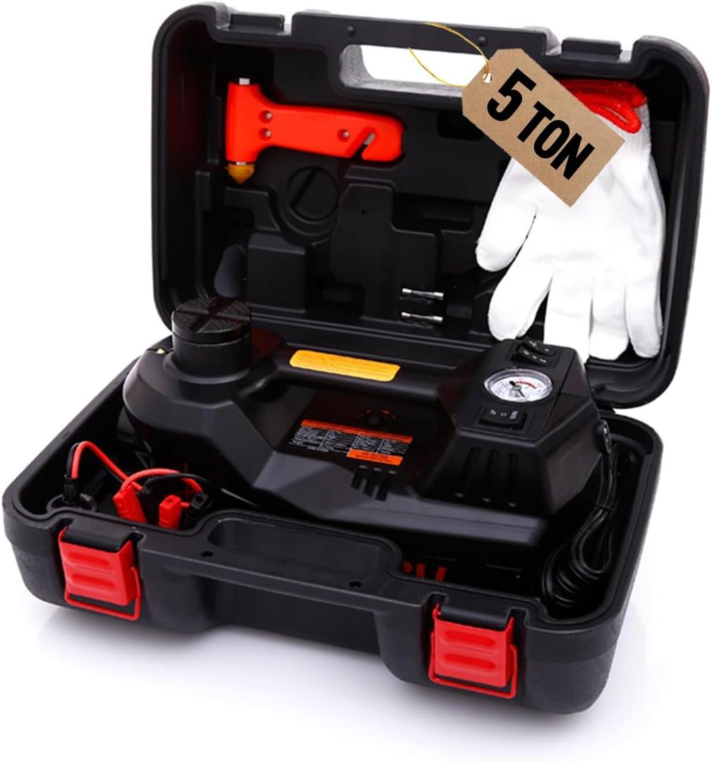 Electric Car Jack 5 Ton 12V Floor Jack Hydraulic Jack Stand Car Lift Jack with Integrated Tire Pump for SUV Truck Sedan Vehicle Roadside Emergency Tire Change (Black)