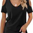 Buauty Women's Summer Trendy Shirts V Neck Criss Cross Cold Shoulder Tops Solid Color Fashion Casual Loose Sexy Blouse (Black, M)