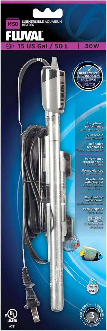 Fluval M 50-Watt Submersible Aquarium Heater Compact, Reliable Heating with Mirror Technology for Fresh & Saltwater Tanks Up to 15 Gallons