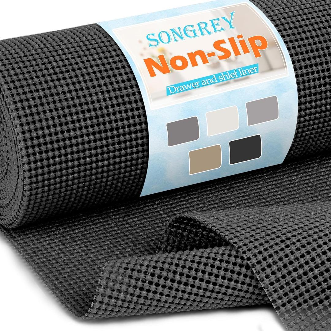Songrey Non-Adhesive Drawer and Shelf Liner, Non Slip Cabinet Liners, Protect Kitchen Cupboard, Bathroom Drawers, Breathable, Thick Strong Grip mat (20IN x 20FT, Black)