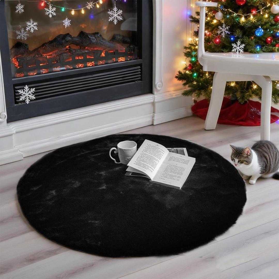 ThreadGlobe Fluffy Faux Rabbit Fur Circle Rug 3'x3', Cloud-Soft Area Rug for Bedroom & Nursery, Non-Slip No-Shed Design, Machine Washable Rug, Black, 3x3 Ft