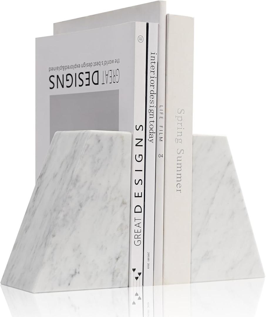 Luxury Marble Bookends for Shelves, 11LB Heavy Duty Marble Book Ends for Heavy Books, Stone Bookends Decorative, Polished, Carrara White Triangular, Set of 2 (3.936 Inch)