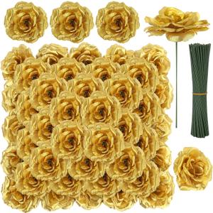 LELEE Rose Head Flowers with Stem - 108pcs Gold Rose Artificial Flowers Bulk - 3.1'' Silk Roses Fake Flower for Wedding Bouquet Party Home Decor DIY Baby Shower Centerpieces Tables Decoration