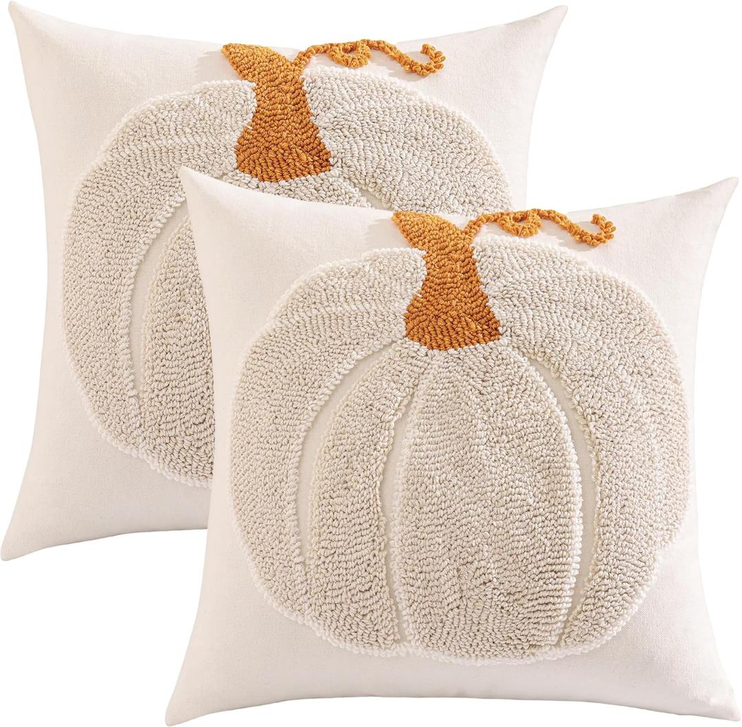Tosleo Halloween Throw Pillow Covers 18x18 inch Set of 2 Halloween Beige Pumpkin with Orange Root Embroidered Pillow Cases Thanksgiving Home Party Pumpkin Fall Decor Pillowcases Square Cushion Covers