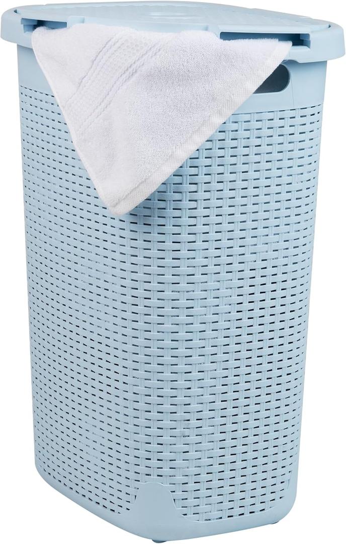 Mind Reader Slim Laundry Hamper with Lid, 60L Tall Clothes Basket, Narrow Tapered Design for Bathrooms, Closets and Laundry Rooms, Plastic, Baby Blue, 1 Piece
