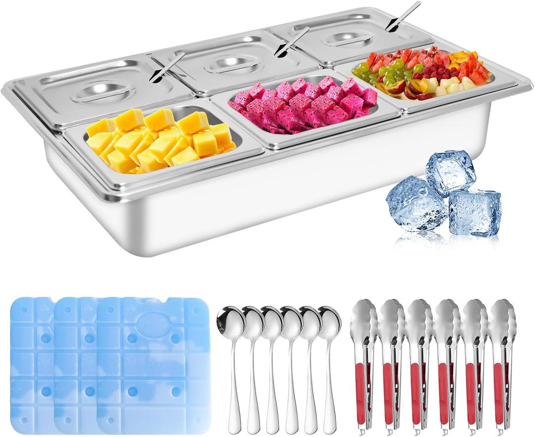 Countertop Ice Food Serving Display Tray with 6 Pan, Portable Salad Bar Buffet Station for Home, Cold Food Buffet Server, Pizza Topping Station, Cold Buffet Table Serving Station for Party