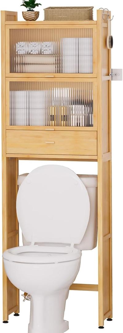 Over The Toilet Storage Cabinet with Drawer and Flip Door, Bamboo Bathroom Organizer Shelf with Anti-Tip Design and Waterproof Feet Pad, Freestanding Rack Above WC Space Saver (Natural)