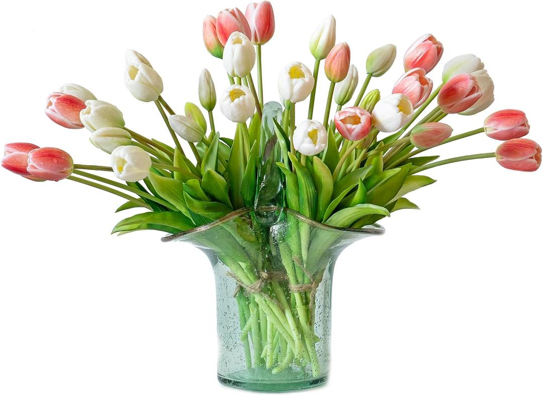 40pcs Artificial Tulips Flowers, Latex Bouquet, Fake Tulips for Office Wedding Party Home Kitchen Garden Decoration-B Coral Pink Suit