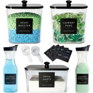 3+2 Pack Laundry Pods Containers & Dryer Sheet Holder & Laundry Detergent Dispenser, Laundry Room Organization and Storage Jars with Lids, Labels and Scoops for Scent Booster, Powder, Pods