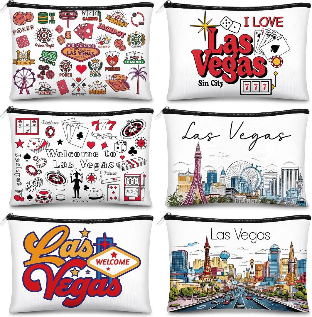 Reginary 6 Pcs City Cosmetic Bag Souvenir Gifts New York Zipper Pouch Chicago Souvenir Seattle Boston Nashville London Paris Italy Alaska Gifts Memento for Women Traveler(Las Vegas)