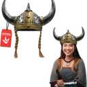 Nicky Bigs Novelties Morph Viking Helmet with Horns and Hair Braids for Adult Plastic Norse Barbarian Warrior Hat Silver Gold Medieval Vikings Costume Accessory Halloween Hats 3 Style Configurations