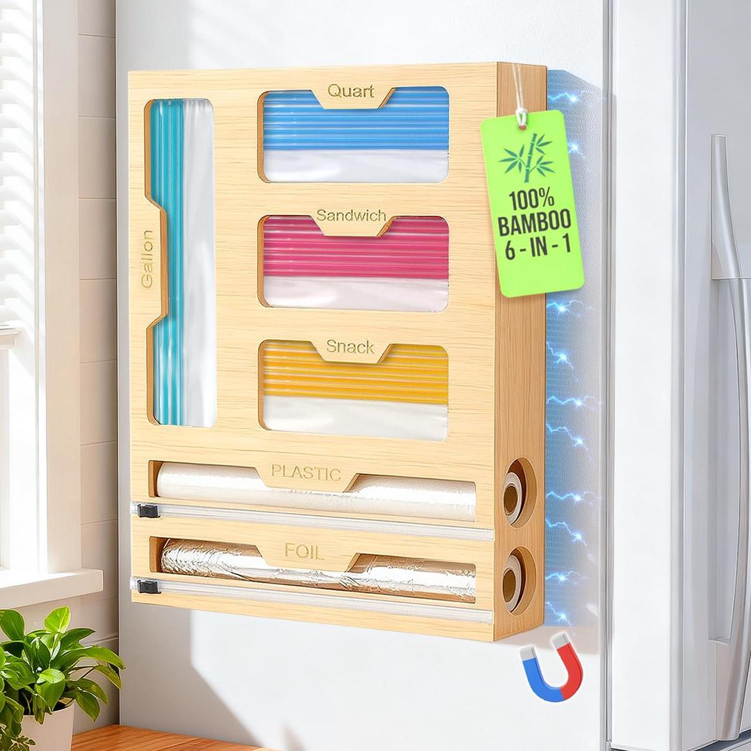 Magnetic Storage Bag Organizer 6 In 1 Ziplock Bag Organizer for Fridge and Drawer, Foil and Plastic Wrap Organizers with Cutter, Food Storage Bags Organizers for Gallon Quart Sandwich Snack (Large, Bamboo)