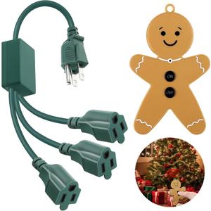 Enhon Christmas Tree Lights Controlled Outlet, Plug in Control Outlet Extension Cord with 3 Sockets and Gingerbread Man Remote Switch for Christmas Tree and Long Range Lighting Control, Green (1 Pack)