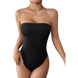 COZYEASE Women's Solid Tube Bodysuit Strapless Sleeveless Casual Plain Romper Bodysuit (Medium, Black)