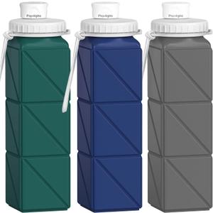 3 pack Collapsible Water Bottles,Silicone Foldable Portable Water Bottle 20.6oz, Lightweight Reusable Leakproof for Travel Hiking Camping Cycling Workouts Yoga Fitness Indoor Outdoor Sports (Dark Blue+Dark Grey+Dark Green)
