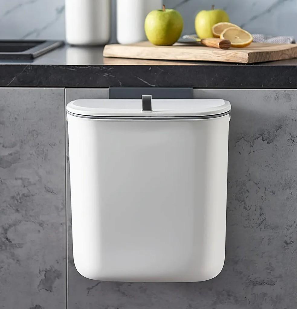 ELPHECO Compost Bin, 2.5 Gallon Hanging Trash Can with Lid, Kitchen Cabinet Door Under Sink Plastic Garbage Can Wall Mounted Slide Open, White