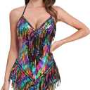 Women Sexy Sequin Fringe Bodysuit Romper Sparkly Tassel Latin Jazz Dance Acrobat Costume Dancing Music Festival Rave Outfits (Rainbow, M)