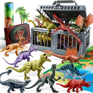 JOYIN Dinosaur Toys with Activity Play Mat & Storage Cage, 17 PCS Realistic Dinosaur Figures & Trees for Toddlers Kids Ages 3-5, Ideal for Boys and Girls Gift