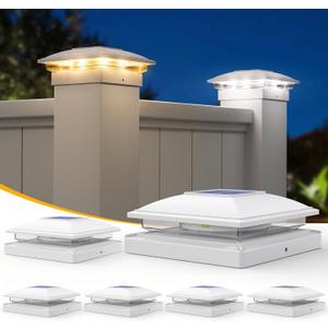 APONUO Solar Post Cap Lights, 6 Pack 2-Modes Bright 5x5 Vinyl Fence Post Caps Solar Lights Outdoor Waterproof Garden Patio Decor for Fence Deck Post 4x4,6x6 Wood,4x4,5x5 Vinyl (White)