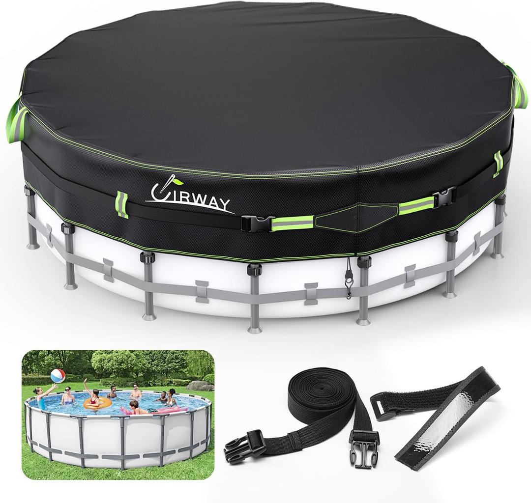 UIRWAY 500D Pool Cover 12FT Round [2026 Upgraded Heavy Duty Fabric] Solar Pool Covers for Above Ground Pools, New Super Windproof Gel-Coated Tarp Straps, Swimming Pool Covers with UV Protection