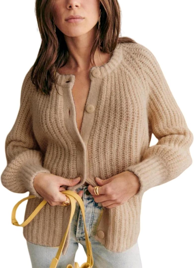 Bianstore Women's Casual Long Sleeve Crewneck Button Down Cardigan Sweater Knit Outwear (Khaki)