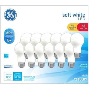 GE LED 8W (60W Equivalent) Soft White General Purpose A19 Light Bulbs, Medium Base, Frosted, 13 Year Life, 12pk