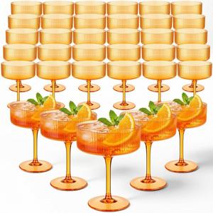 36 Pcs Plastic Coupe Glasses 10oz Reusable Ribbed Martini Glasses Shatterproof Champagne Tower Unbreakable with Stem for Espresso Martini Whiskey Margarita Birthday Party Bar Home Wedding(Amber)