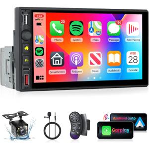 Wireless Carplay Car Radio Single Din with Android Auto, Hodozzy 7 Inch Touch Screen Carplay 1 Din Radio with Bluetooth FM/RDS Radio,DSP,Mirror Link,USB/Type-C/SWC/Colorful Backlight + Camera