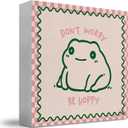 Frog Decor, Don't Worry Be Hoppy Pink Checkered Wooden Box Sign, Cute Frog Wood Block Sign for Home Office Desk Shelf Tabletop, 5x5 Inch