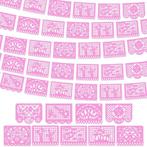 VitalCozy 3 Pack 59 ft Papel Picado Banner Mexican Talavera Party Plastic Fiesta Banner Mexico Wedding Decorations for Day of The Dead Cinco De Mayo Cielito Lindo Party Decorations (Pink)