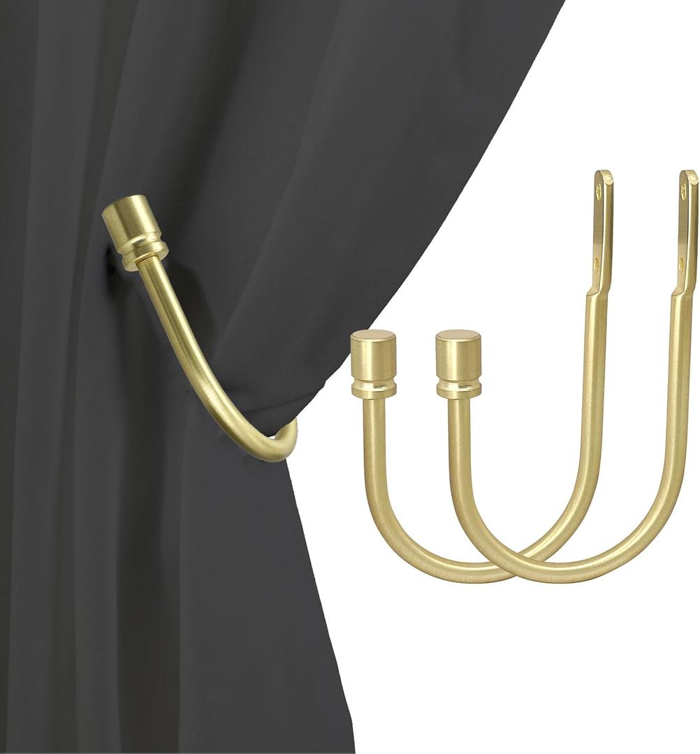 2 PCS Curtain Holdbacks, Metal Decorative Curtain Tiebacks with End Cap Finials, Wall Mounted Window Drapery Holdback Hooks for Living Room, Bedroom and More, Brushed Brass