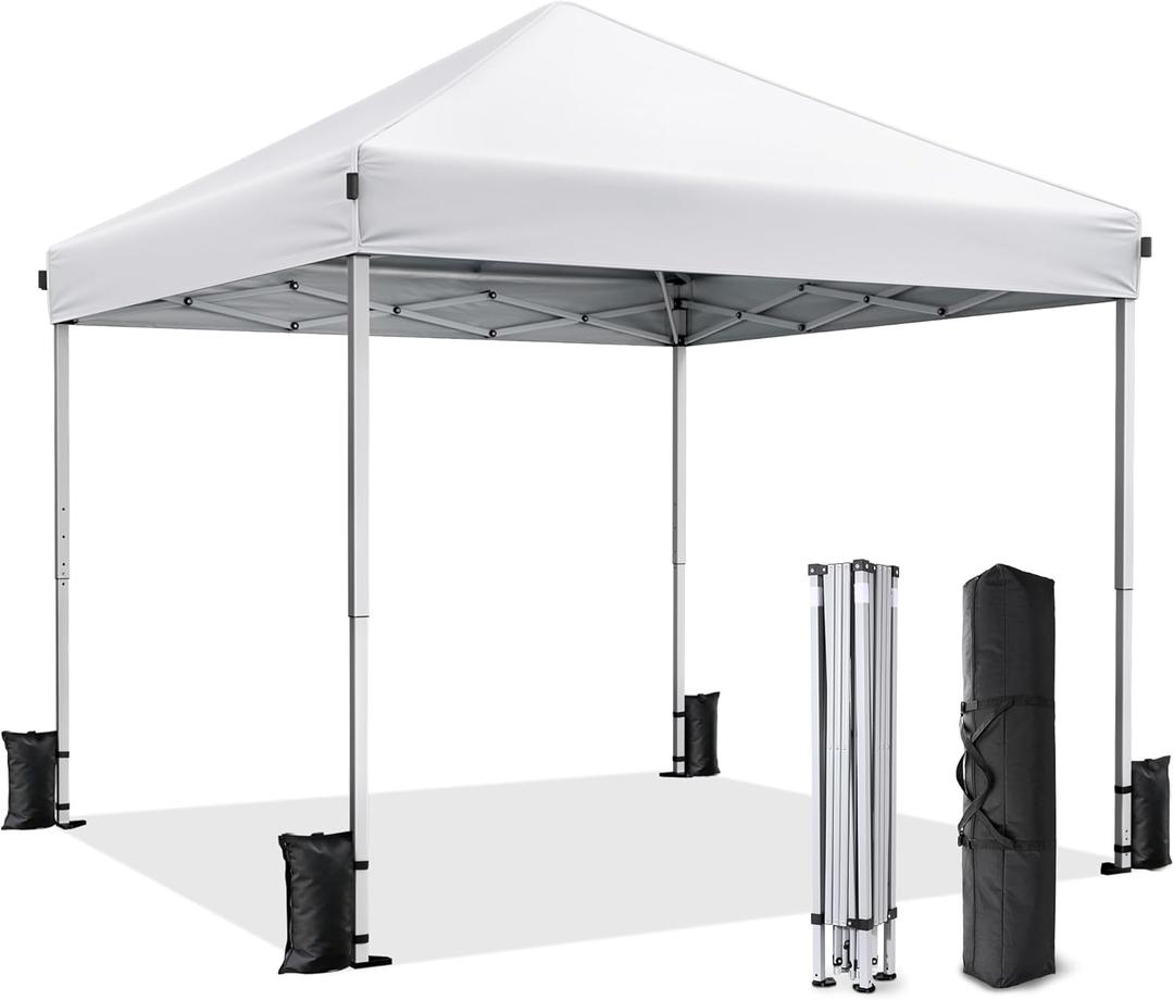 10x10 Pop Up Canopy, Portable Instant Canopy Tent with Carry Bag, 4 Sandbags and 8 Stakes for Outdoor Events, Parties & Camping - White