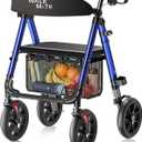WALK MATE Rollator Walker for Seniors, 10 Inch Big Wheels, Reinforced Aluminum Frame 350lb Weight Capacity, Foldable All Terrain Rolling Walker with Seat, Lightweight Adjustable Height, Blue