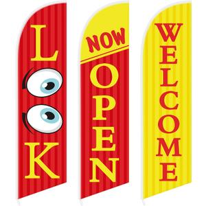 Mindsoft 3 Pcs 12 Feet Open Themed Feather Flag for Business Advertising Outside Look Now Open Welcome Red Yellow Flag Banner for Grand Openings (Pole Hardware Not Included)