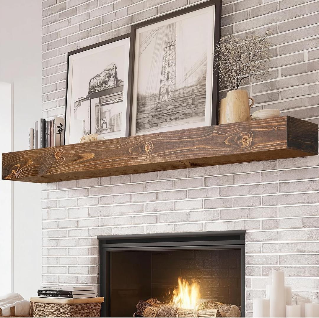 72x8x5 Fireplace Mantel - Handcrafted Hollow Rustic Solid Wood Wall Mounted Floating Shelf with Invisible Heavy Duty Wood Bracket (Weathered Brown)