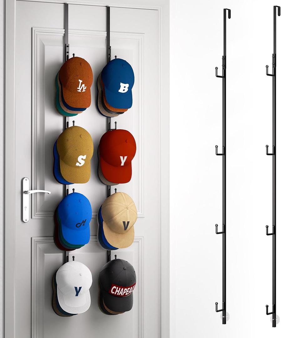 HapiRm Over Door Hat Rack - 2 Packs Hat Organizer with 8 Hooks Design, Hanging Baseball Cap Organizer Storage Holds Up to 40 Caps for Door, Bedroom, Closet (Black)