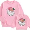 Christmas Mommy and Me Outfit Santa Embroidery Long Sleeve Sweatshirt Xmas Mom Son Daughter Matching Outfit (0-6 Months, Pink Baby)