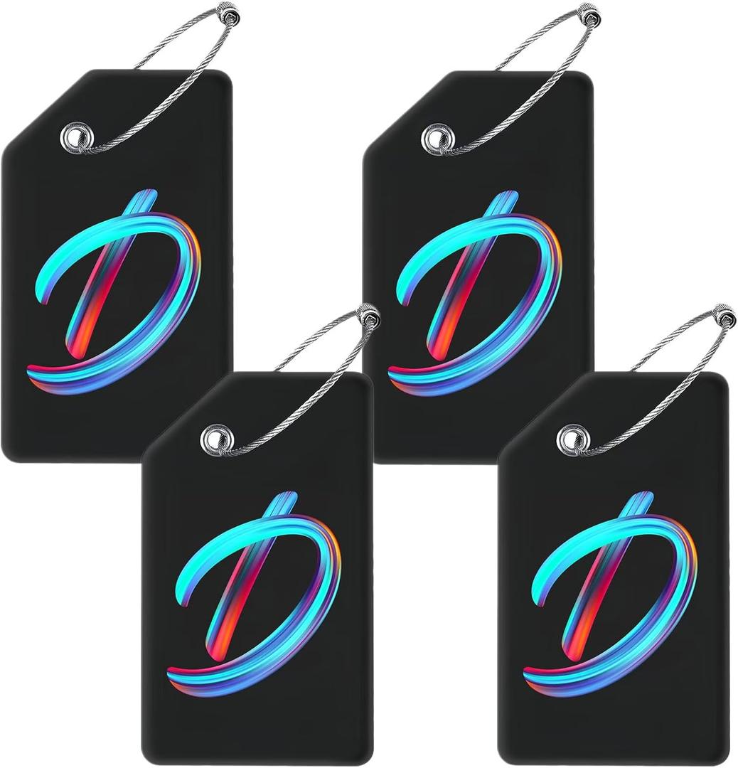 4 Pack Initial Luggage Tag for Suitcase, Colored Letter Silicone Bag Tags Identifiers Privacy Cover ID Label with Durable Steel Loop for Women Men Kids Girls Travel, Letter D