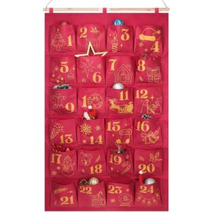 HOWAF Red Gold Fabric Christmas Advent Calendar with Pockets (Countdown to Christmas), 24 Days Mystery Christmas Countdown Calendar for Xmas Holiday Home Wall Decoration