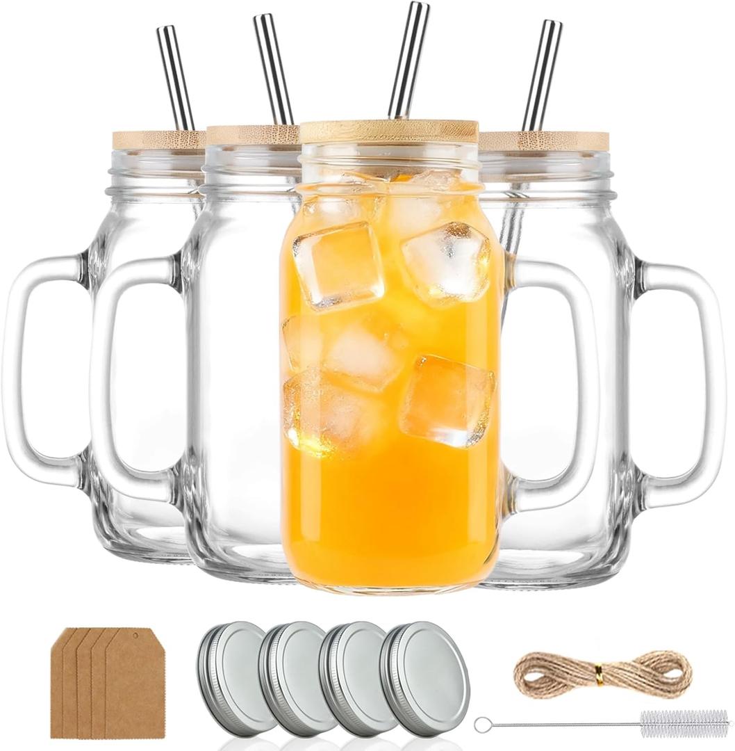 24 oz Mason Jar Cups with Handles, Wide Mouth Iced Coffee Cup with Bamboo Lids & Straws, Large Glass Bottle Mug Drinking Jars Tumbler for Smoothie Cold Water Juice Party Beverages, Set of 4