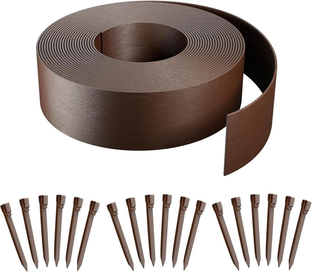 AGTEK 60FT Plastic Landscape Edging Coil Kit, 4 inch High Terrace Board Garden Edging Border with 18 Stakes (Brown)