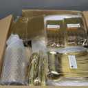 FOCUSLINE 600 Ct Gold Dinnerware Set for 100 Guests  Gold Rimmed Disposable Plastic Plates, Includes 100 Dinner & Salad Plates, Cups, Cutlery Set for Wedding Parties