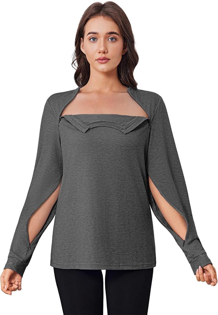 Deyeek Chemo Shirts for Port Access Women Long Sleeve Shoulder Post Surgery Shirt Dialysis Sweatshirts with Arm Zipper (Medium, Dark Gray)