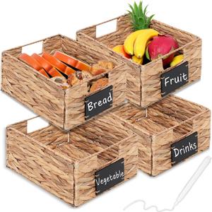 Water Hyacinth Storage Baskets Set of 4 - Foldable Seagrass Organizers with Chalk Labels,10.8x9x4.9 Inch,Rectangular Woven Pantry Bin for Shelves