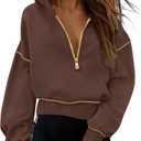 PRETTYGARDEN Women's 2026 Fall Hooded Sweatshirts Long Sleeve Half Zip Cropped Hoodies Pullover Winter Fashion Clothes (Brown, L)