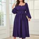 SCOMCHIC Women Plus Size Maxi Dress Long Sleeve Square Neck Wedding Guest Cocktail Belted Elegant Flowy A Line Long Dresses, 2XL