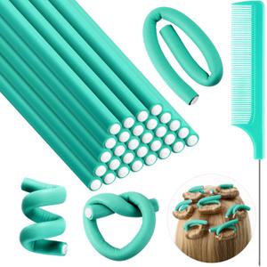 Syhood 30 Pcs 7'' Flexible Curling Rods Twist Foam Hair Rollers Soft Foam No Heat Hair Rods Rollers and 1 Steel Pintail Comb Rat Tail Comb for Women Long Short Hair(Lake Green,7 x 0.3 Inch)